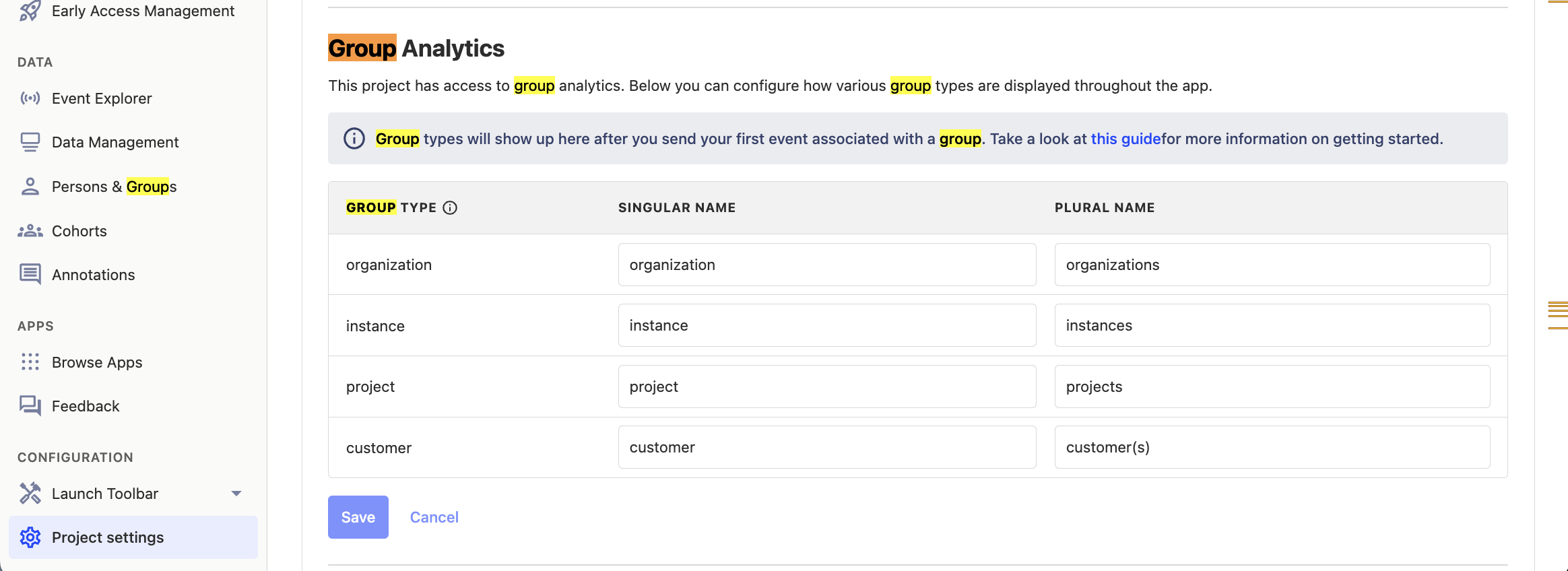 Groups in project settings